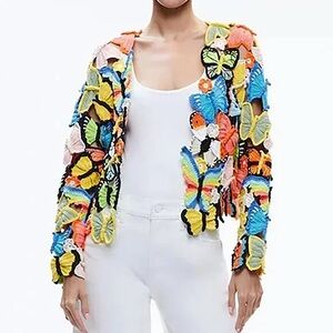 Alice + Olivia Fawn Butterfly Collage Crochet Cardigan Sweater Rainbow XS S